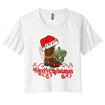 Retro Merry Xmas Santa Hat Cowboy Boots Western Christmas Women's Crop Top Tee