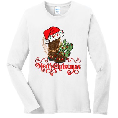 Retro Merry Xmas Santa Hat Cowboy Boots Western Christmas Ladies Long Sleeve Shirt