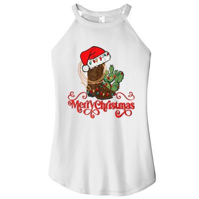 Retro Merry Xmas Santa Hat Cowboy Boots Western Christmas Women's Perfect Tri Rocker Tank