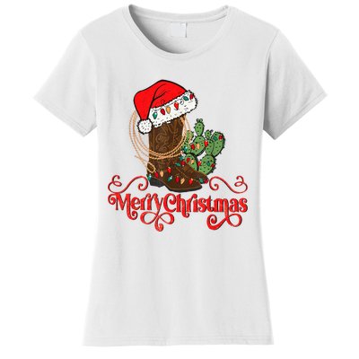 Retro Merry Xmas Santa Hat Cowboy Boots Western Christmas Women's T-Shirt