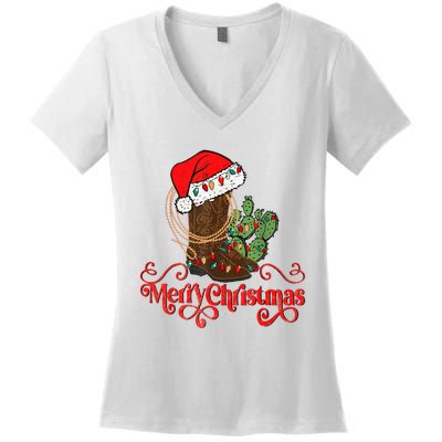 Retro Merry Xmas Santa Hat Cowboy Boots Western Christmas Women's V-Neck T-Shirt