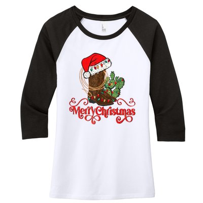 Retro Merry Xmas Santa Hat Cowboy Boots Western Christmas Women's Tri-Blend 3/4-Sleeve Raglan Shirt