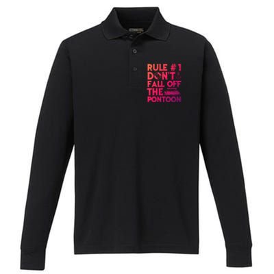 Rule Number 1 Dont Fall Off The Pontoon Boat Funny Gift Performance Long Sleeve Polo