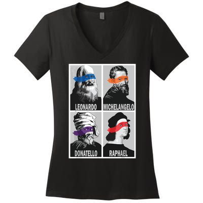 Renaissance Ninja Artists Poster Style Pop Art Women's V-Neck T-Shirt