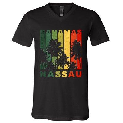 Retro Nassau Bahamas Beach Fan Palm Tree Cool Souvenir V-Neck T-Shirt