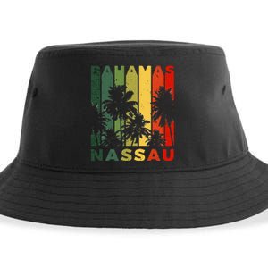 Retro Nassau Bahamas Beach Fan Palm Tree Cool Souvenir Sustainable Bucket Hat