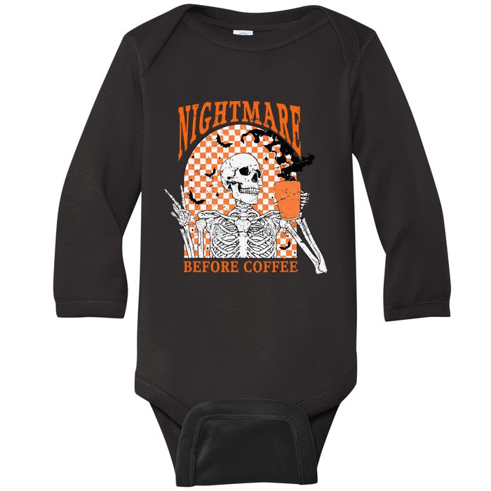 Retro Nightmare Before Coffee Skeleton Skull Halloween Baby Long Sleeve Bodysuit