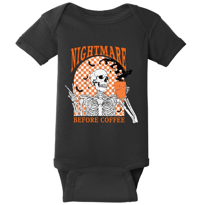 Retro Nightmare Before Coffee Skeleton Skull Halloween Baby Bodysuit