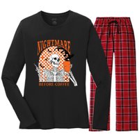 Retro Nightmare Before Coffee Skeleton Skull Halloween Women's Long Sleeve Flannel Pajama Set 