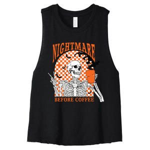 Retro Nightmare Before Coffee Skeleton Skull Halloween Women's Racerback Cropped Tank