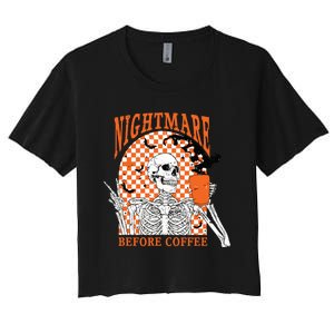 Retro Nightmare Before Coffee Skeleton Skull Halloween Women's Crop Top Tee