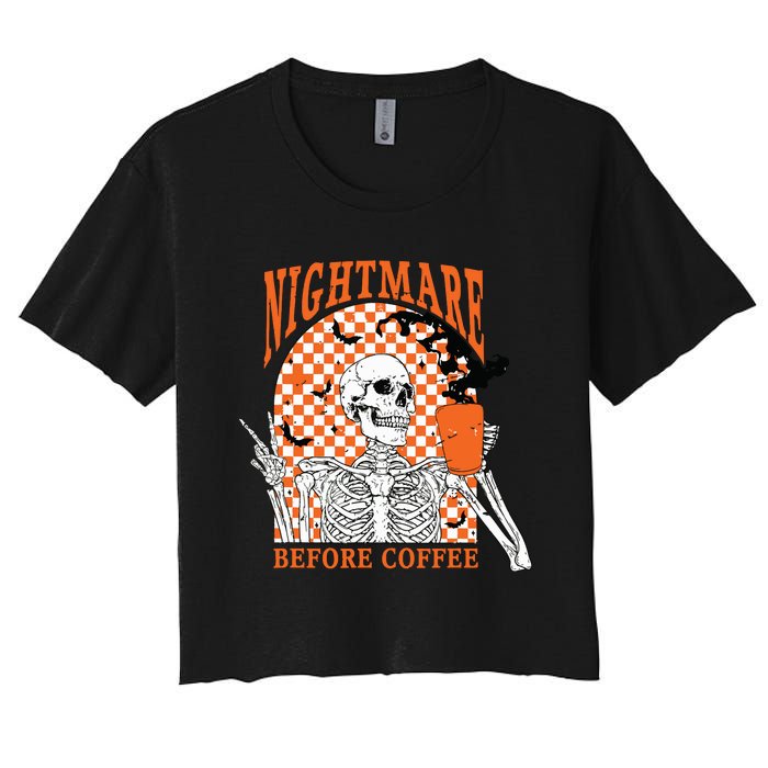 Retro Nightmare Before Coffee Skeleton Skull Halloween Women's Crop Top Tee