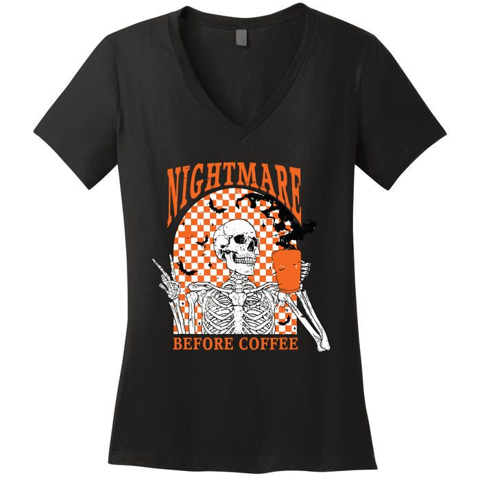 Retro Nightmare Before Coffee Skeleton Skull Halloween Women's V-Neck T-Shirt