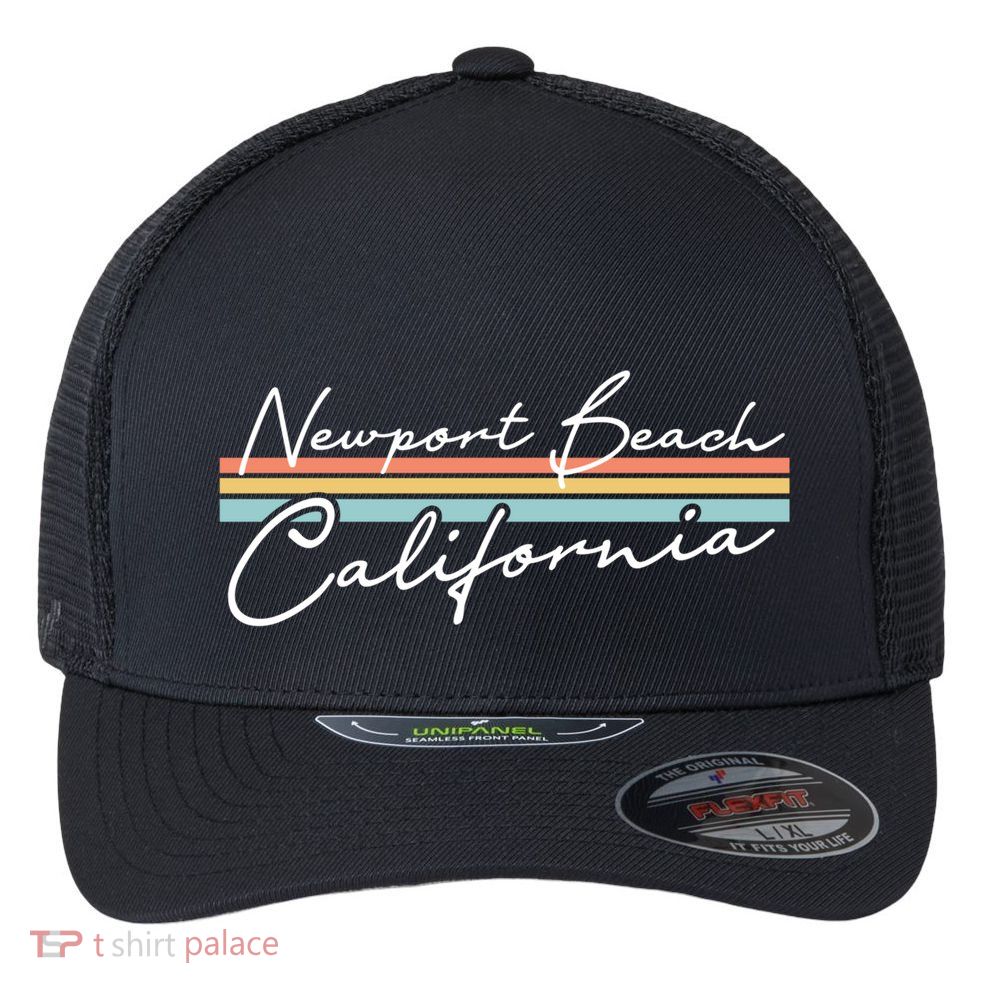 Retro Newport Beach California Gift Flexfit Unipanel Trucker Cap