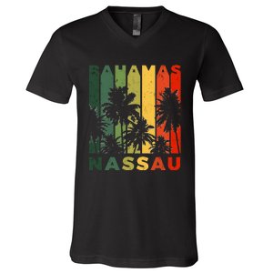 Retro Nassau Bahamas Beach Fan Palm Tree Cool Souvenir V-Neck T-Shirt