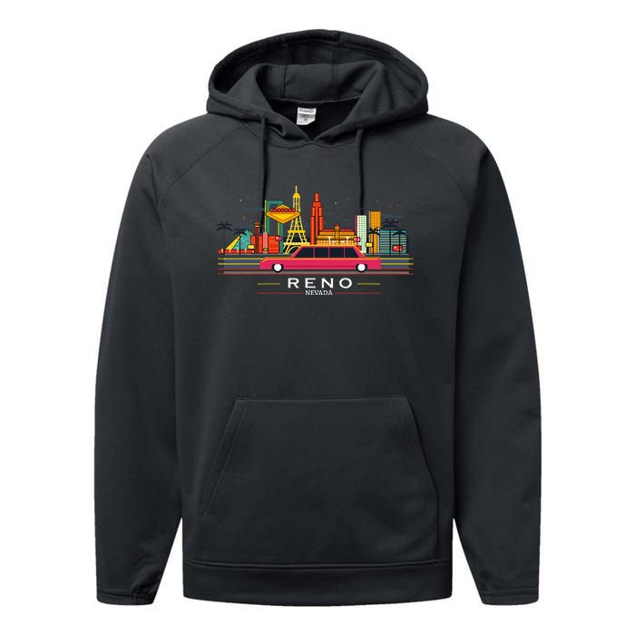 Reno Nevada Cityscape Souvenir Vintage Performance Fleece Hoodie