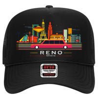 Reno Nevada Cityscape Souvenir Vintage For Reno Nevada High Crown Mesh Back Trucker Hat