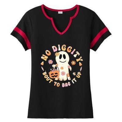 Retro No Diggity Bout To Bag It Up Cute Ghost Halloween Ladies Halftime Notch Neck Tee