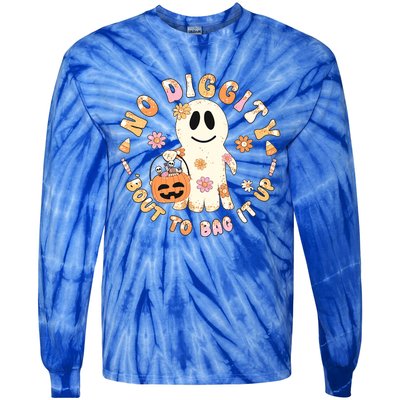 Retro No Diggity Bout To Bag It Up Cute Ghost Halloween Tie-Dye Long Sleeve Shirt