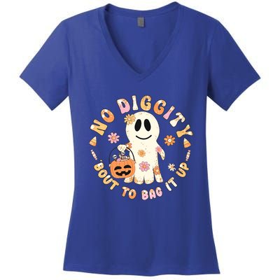 Retro No Diggity Bout To Bag It Up Cute Ghost Halloween Women's V-Neck T-Shirt