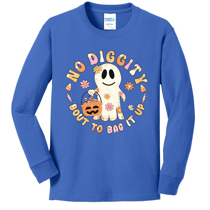 Retro No Diggity Bout To Bag It Up Cute Ghost Halloween Kids Long Sleeve Shirt