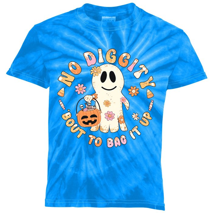 Retro No Diggity Bout To Bag It Up Cute Ghost Halloween Kids Tie-Dye T-Shirt