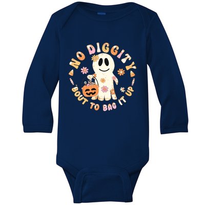 Retro No Diggity Bout To Bag It Up Cute Ghost Halloween Baby Long Sleeve Bodysuit