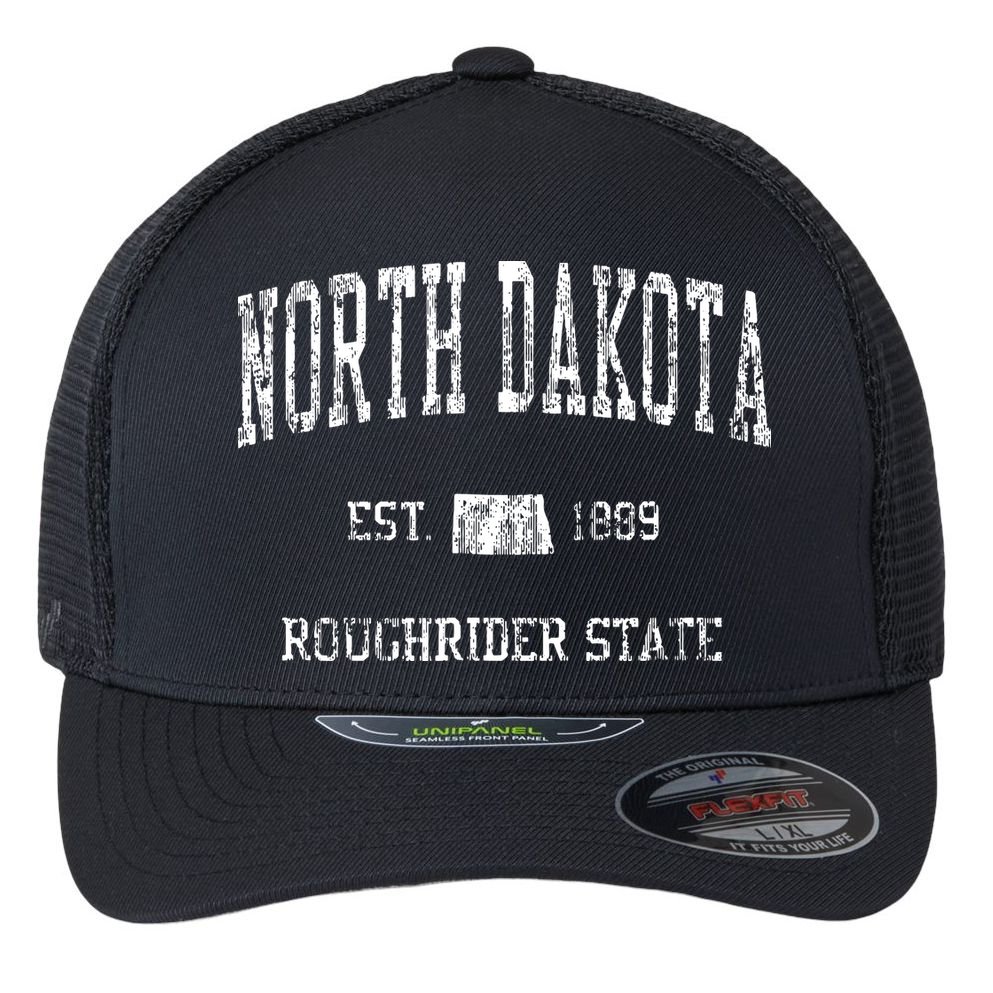 Retro North Dakota T Vintage Sports Design Flexfit Unipanel Trucker Cap