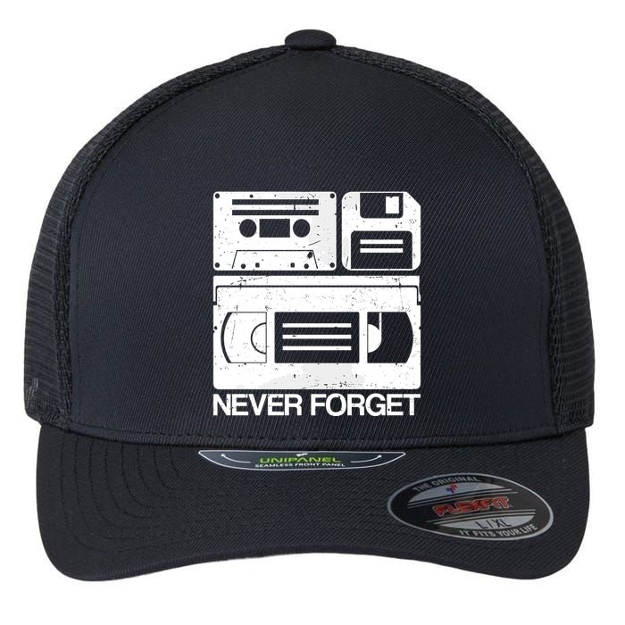 Retro Never Forget Cassette Floppy Disk Vhs Tape Flexfit Unipanel Trucker Cap