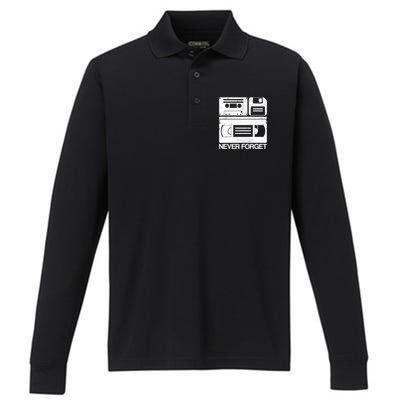 Retro Never Forget Cassette Floppy Disk Vhs Tape Performance Long Sleeve Polo