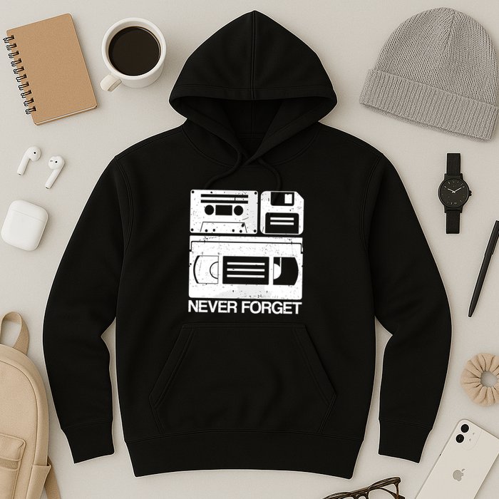 Retro Never Forget Cassette Floppy Disk Vhs Tape Hoodie