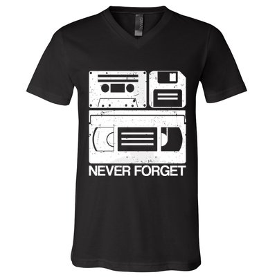 Retro Never Forget Cassette Floppy Disk Vhs Tape V-Neck T-Shirt