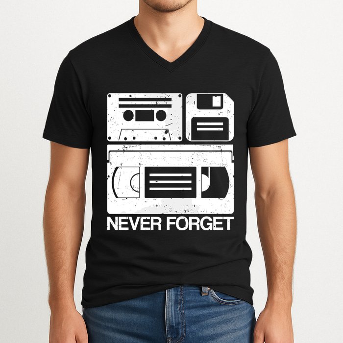 Retro Never Forget Cassette Floppy Disk Vhs Tape V-Neck T-Shirt