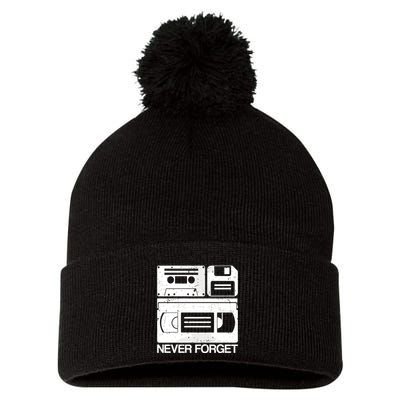 Retro Never Forget Cassette Floppy Disk Vhs Tape Pom Pom 12in Knit Beanie