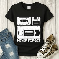Retro Never Forget Cassette Floppy Disk Vhs Tape Womens T-Shirt