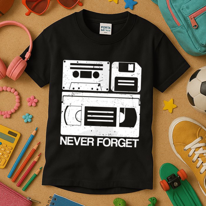 Retro Never Forget Cassette Floppy Disk Vhs Tape Kids T-Shirt