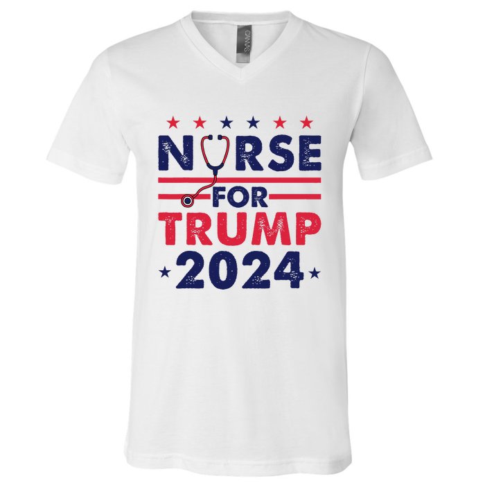 Retro Nurses For Trump 2024 America Stars Flag Stripes Trump V-Neck T-Shirt