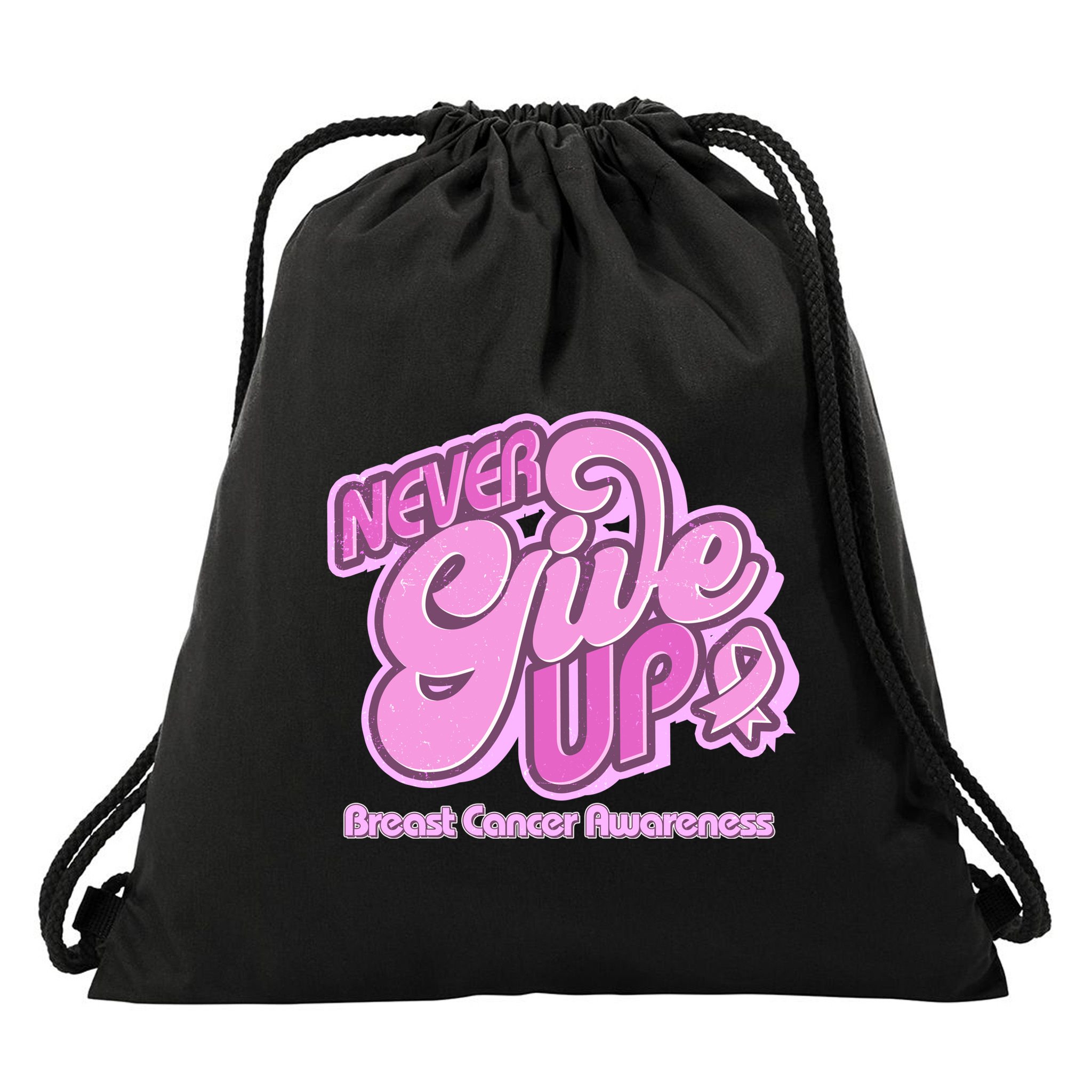 Retro Never Give Up Breast Cancer Awareness Drawstring Bag
