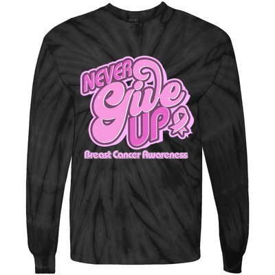 Retro Never Give Up Breast Cancer Awareness Tie-Dye Long Sleeve Shirt
