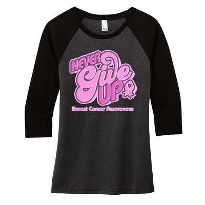 Retro Never Give Up Breast Cancer Awareness Women's Tri-Blend 3/4-Sleeve Raglan Shirt