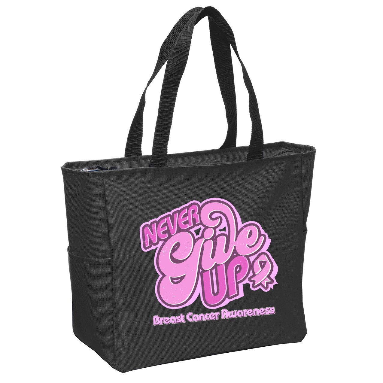 Retro Never Give Up Breast Cancer Awareness Zip Tote Bag