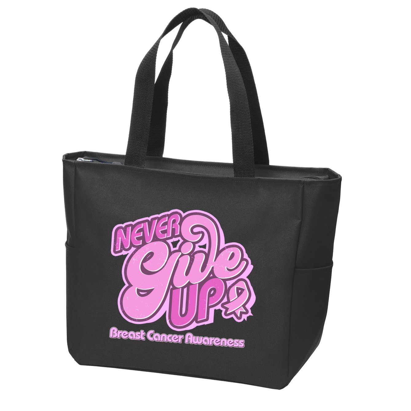 Retro Never Give Up Breast Cancer Awareness Zip Tote Bag