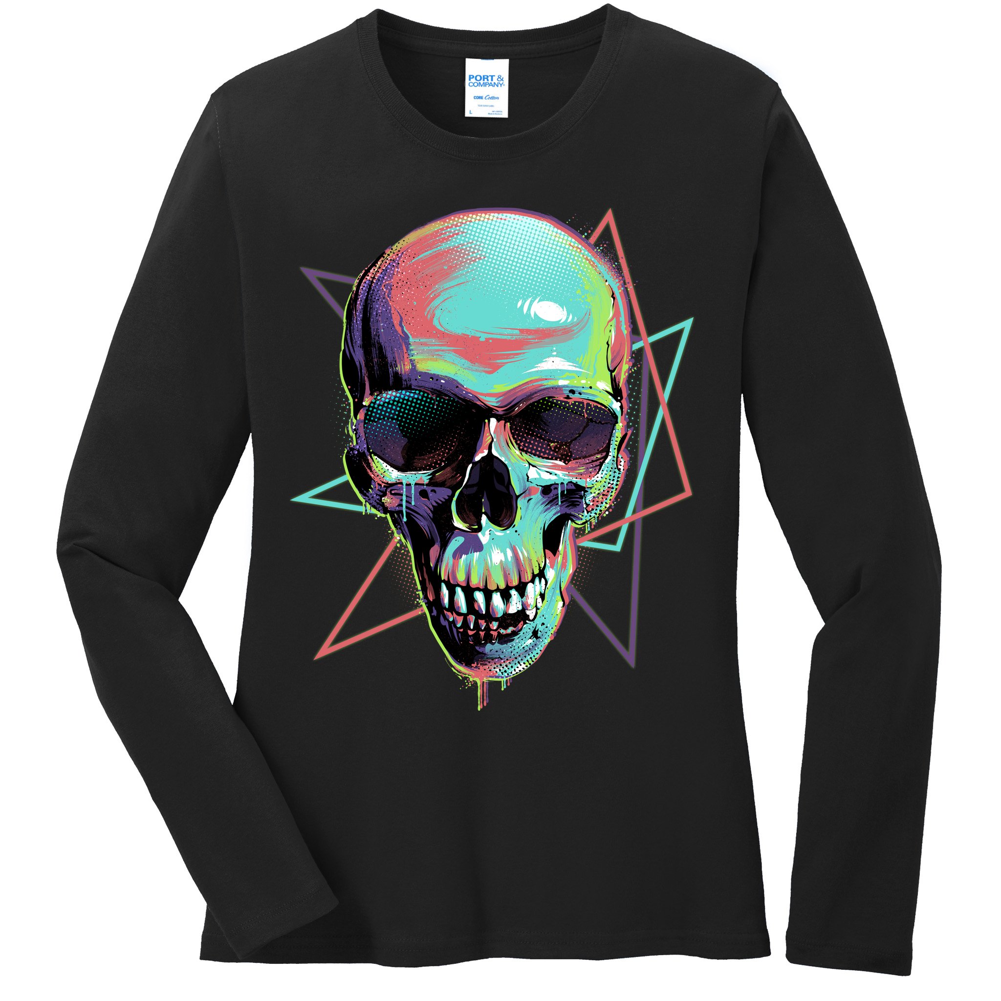 Retro Neon Graffiti Paint Skull Ladies Long Sleeve Shirt