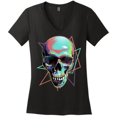 Retro Neon Graffiti Paint Skull Women's V-Neck T-Shirt