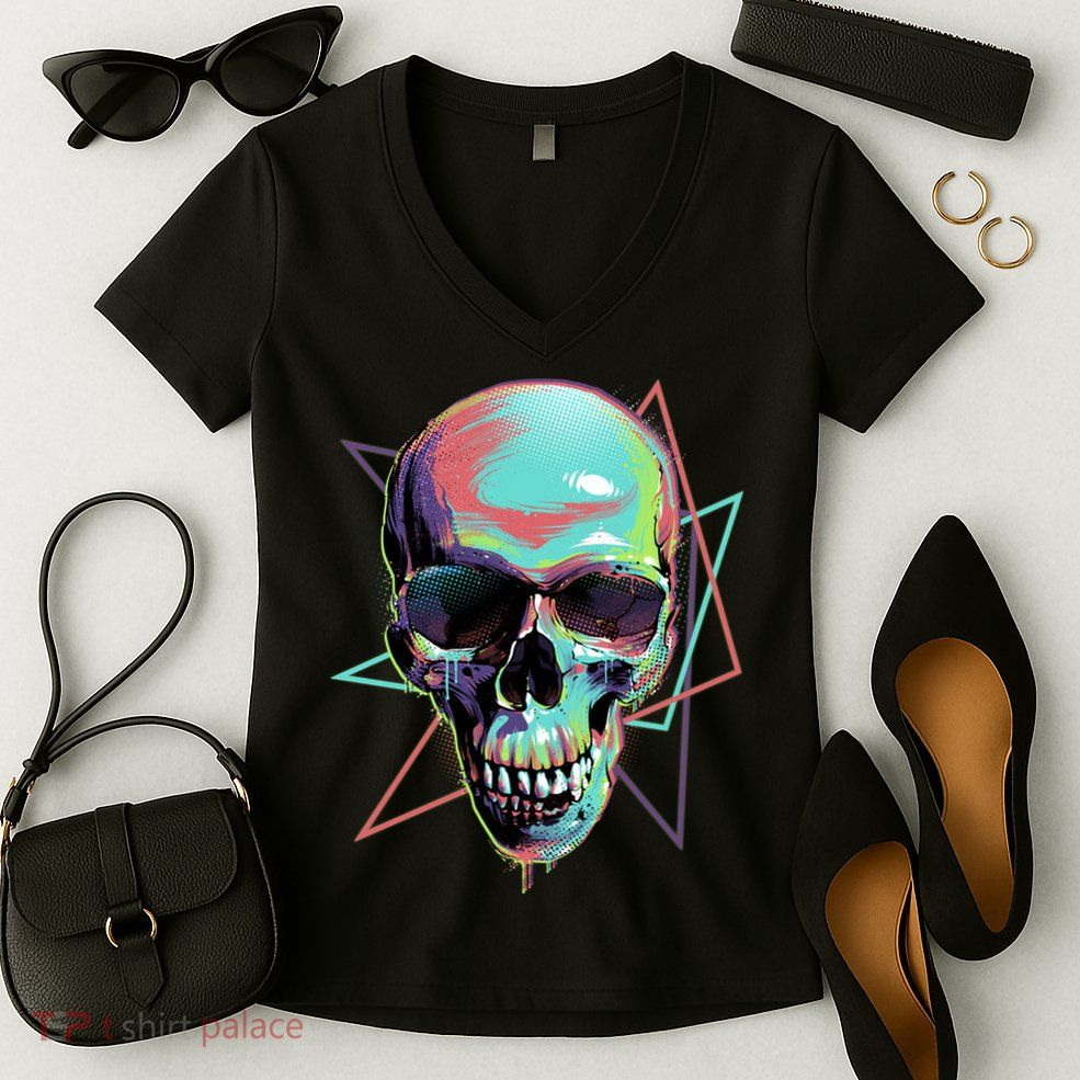 Retro Neon Graffiti Paint Skull Women's V-Neck T-Shirt