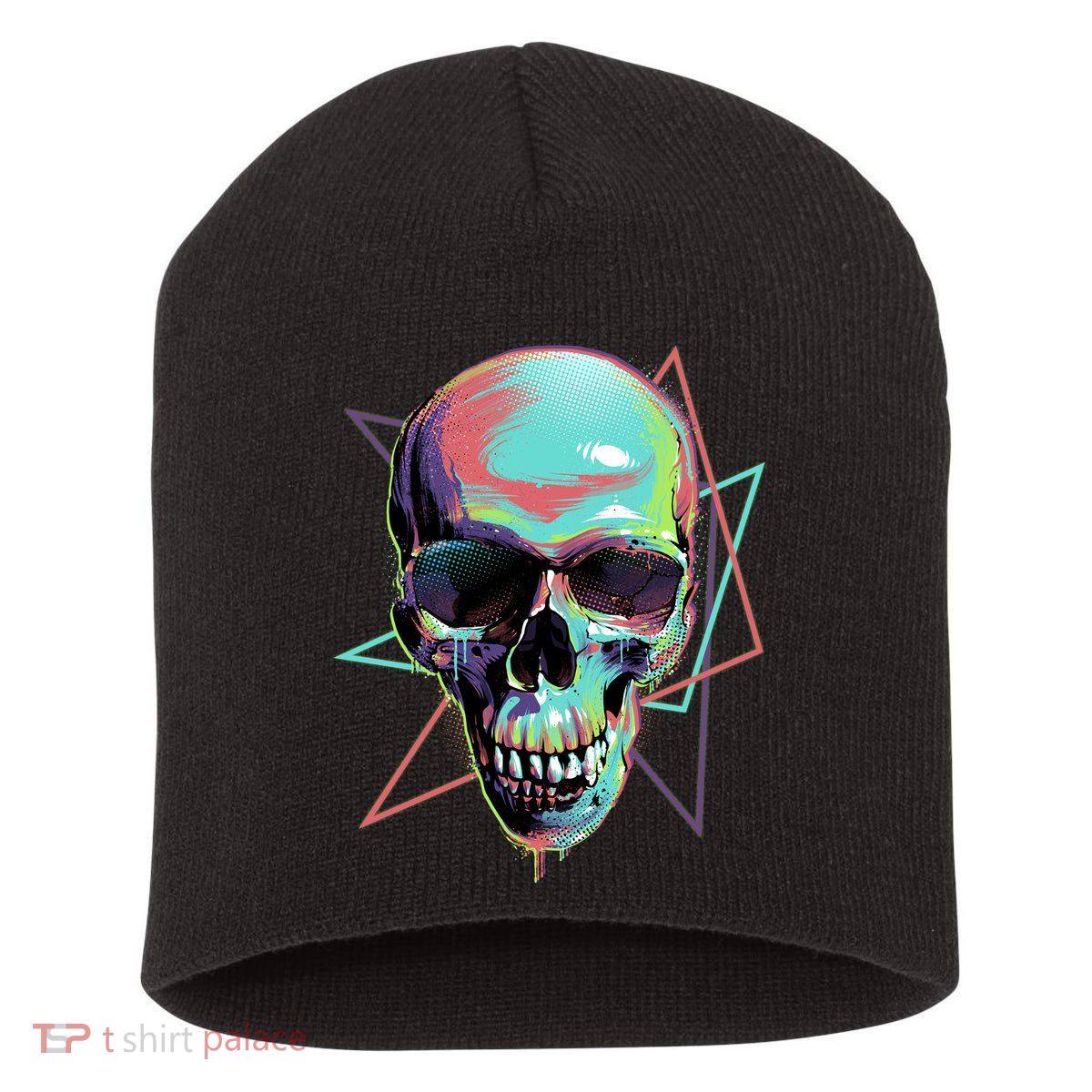 Retro Neon Graffiti Paint Skull Short Acrylic Beanie