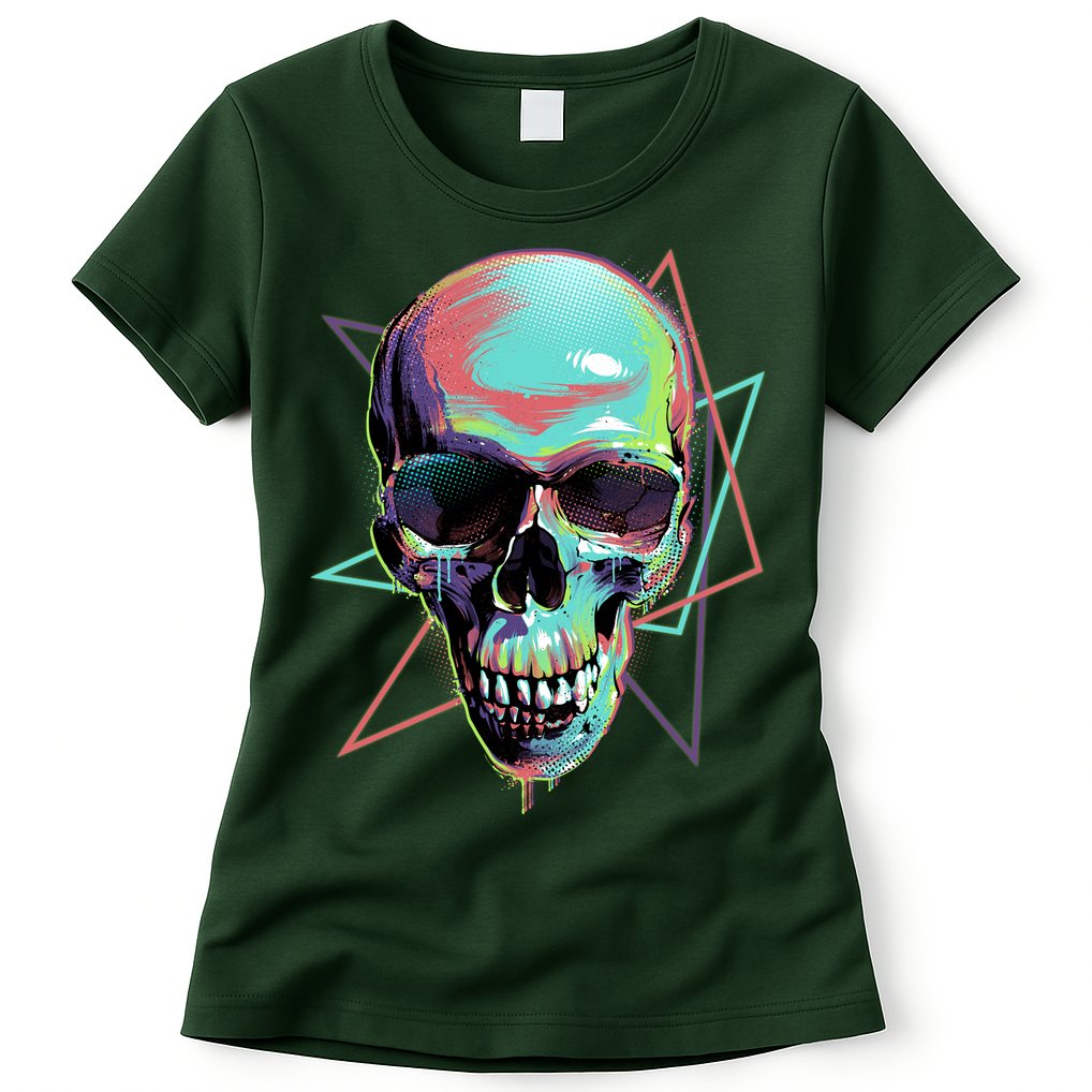 Retro Neon Graffiti Paint Skull Womens T-Shirt