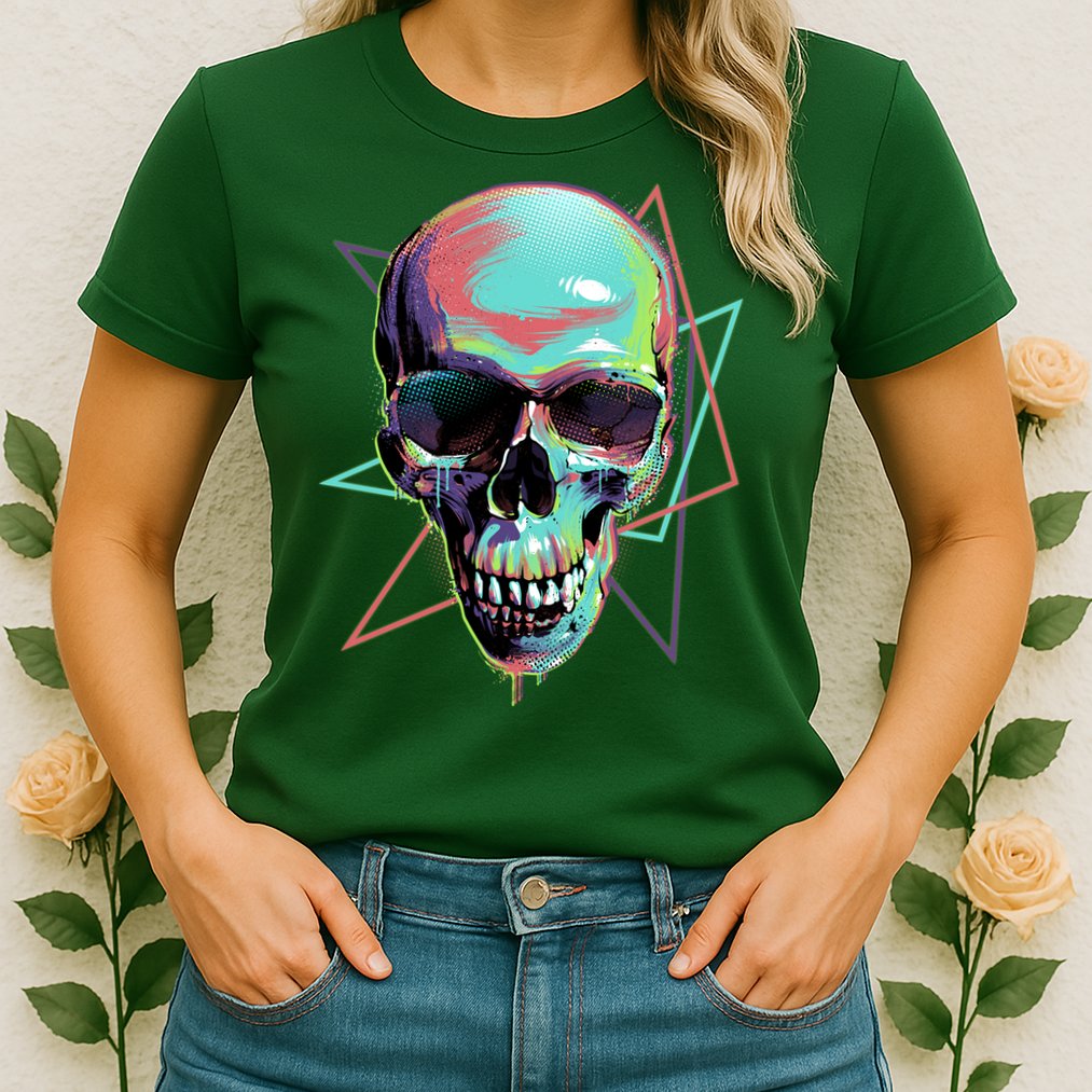 Retro Neon Graffiti Paint Skull Womens T-Shirt