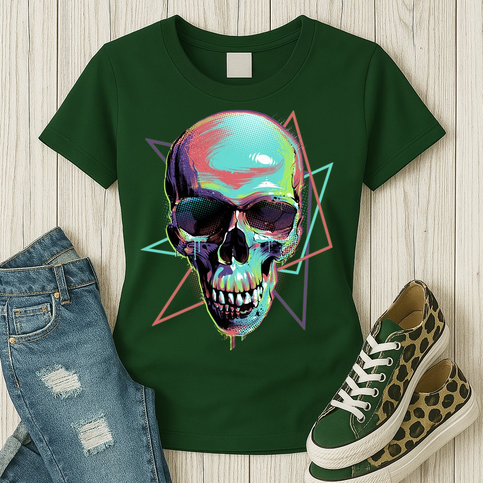 Retro Neon Graffiti Paint Skull Womens T-Shirt