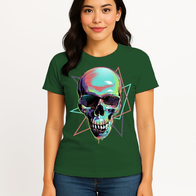 Retro Neon Graffiti Paint Skull Womens T-Shirt